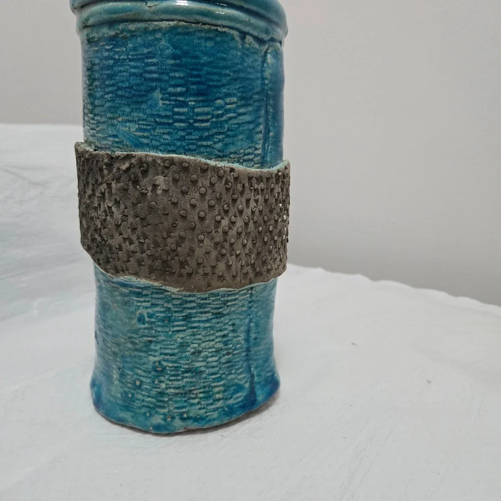Textured Turquoise Studio Pottery Vase Handcrafted Ceramic Art Decor CORA SIGNED